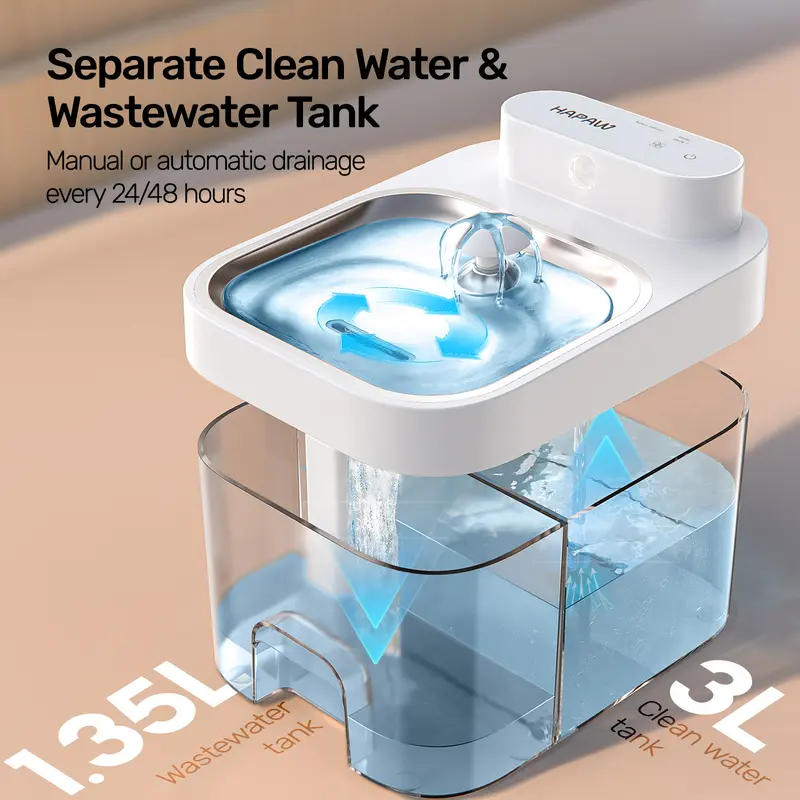 HAPAW Cat Water Fountain, 2.4GHz Wi-Fi App Control Automatic Pet Water Dispenser with 5000mAh Battery, Separated Clean & Waste Water, Filter-Free Plug-In Fountain for Cats